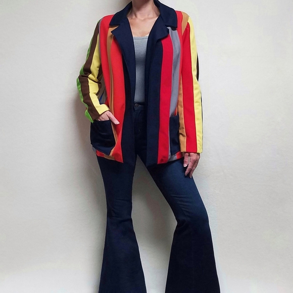 Handmade OOAK Vintage 70s Rainbow Striped Multi Paneled Open Front Blazer Jacket - Picture 2 of 16